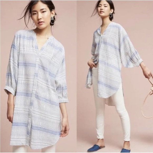 Anthropologie Maeve Yarn Dyed Blue White Boho Button Down Lena Tunic Size XS - Picture 1 of 16